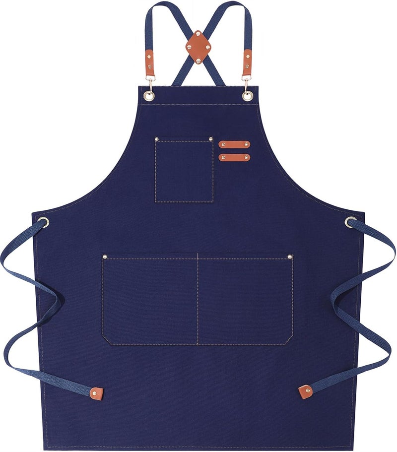 AFUN Chef Aprons for Women Men with Large Pockets, 12-Ounce Cotton Canvas Cross Back Water Repellent Apron (Dark Blue) - Image 1